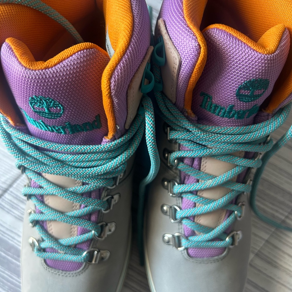 Timberland Purple and Orange Boots with Teal Laces